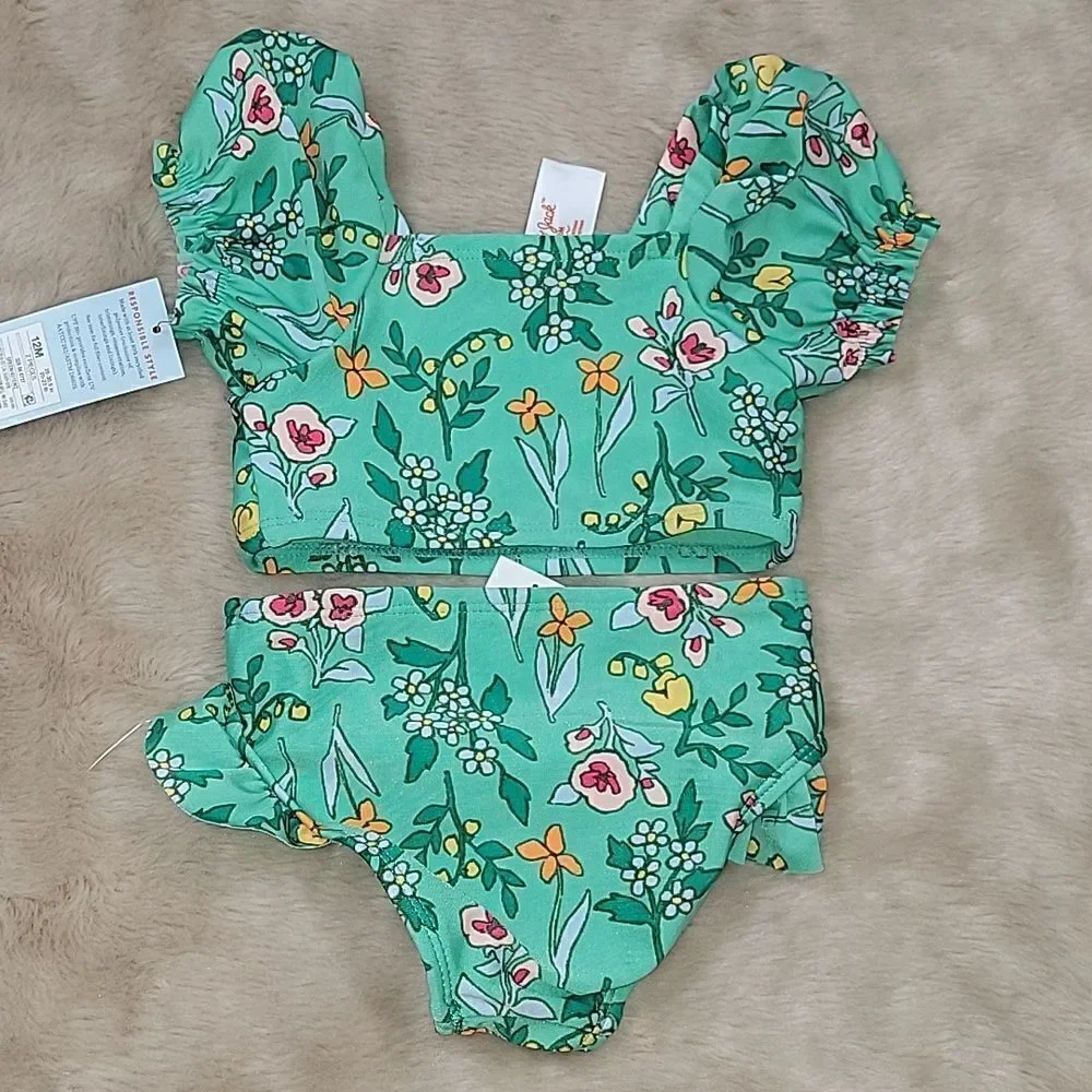 CAT & JACK 2-PIECE GREEN FLORAL SWIMSUIT, SIZE 12 MONTHS - NEW